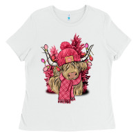White Pink winter long haired Cow Ladies Tee - NancyCooperArtShop