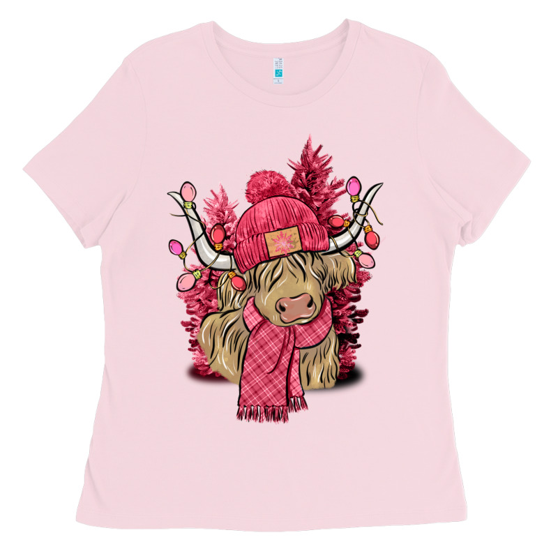 Pink Winter Long Haired Cow Ladies Tee by NancyCooperArtShop | Teevron