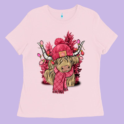 Pink Winter Long Haired Cow Ladies Tee Designed By Nancycooperartshop
