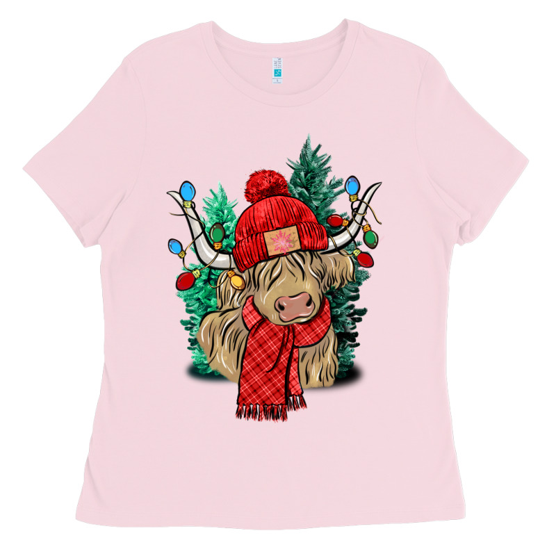 Red Christmas Long Haired Cow Ladies Tee by NancyCooperArtShop | Teevron