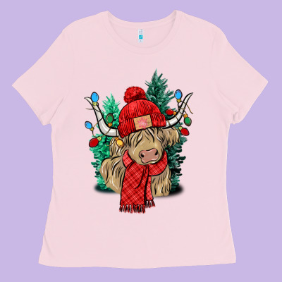 Red Christmas Long Haired Cow Ladies Tee Designed By Nancycooperartshop