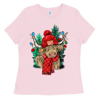 Bubblegum Pink Red Christmas long haired Cow Ladies Tee - NancyCooperArtShop