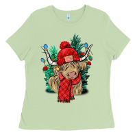 Matcha Red Christmas long haired Cow Ladies Tee - NancyCooperArtShop