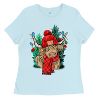 Baby Blue Red Christmas long haired Cow Ladies Tee - NancyCooperArtShop