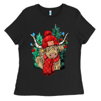 Black Red Christmas long haired Cow Ladies Tee - NancyCooperArtShop