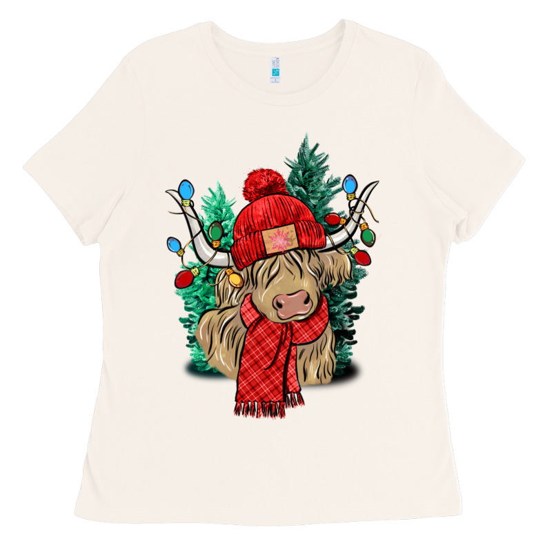 Red Christmas Long Haired Cow Ladies Tee by NancyCooperArtShop | Teevron