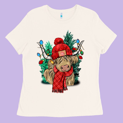 Red Christmas Long Haired Cow Ladies Tee Designed By Nancycooperartshop