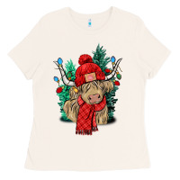 Bone Red Christmas long haired Cow Ladies Tee - NancyCooperArtShop