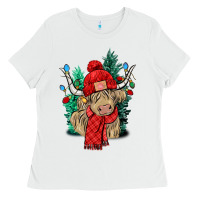 White Red Christmas long haired Cow Ladies Tee - NancyCooperArtShop