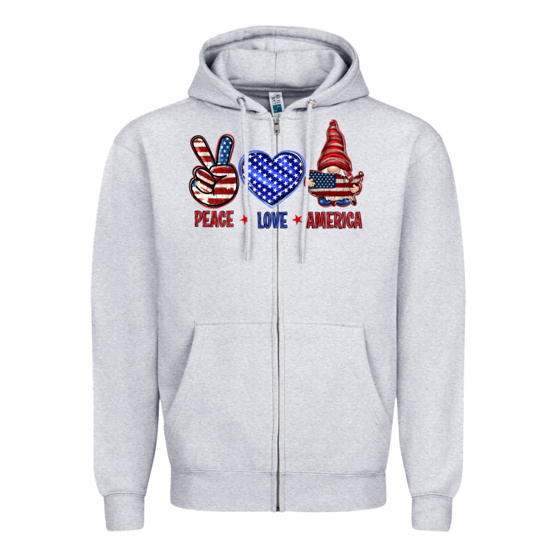Peace Love America With Gnome 4th Of July Zipper Hoodie by HowdyJamesFarm | Teevron