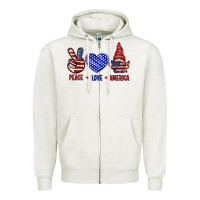 Oatmeal Heather Peace love America with gnome 4th of july Zipper Hoodie - HowdyJamesFarm