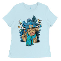 Baby Blue Winter long haired Cow Ladies Tee - NancyCooperArtShop