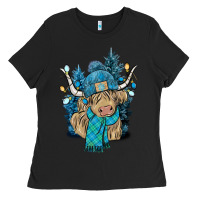 Black Winter long haired Cow Ladies Tee - NancyCooperArtShop
