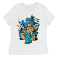 White Winter long haired Cow Ladies Tee - NancyCooperArtShop