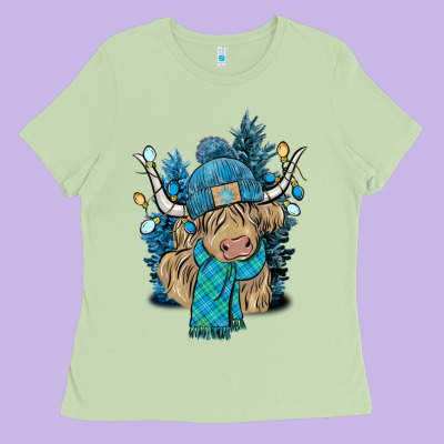 Winter Long Haired Cow Ladies Tee Designed By Nancycooperartshop
