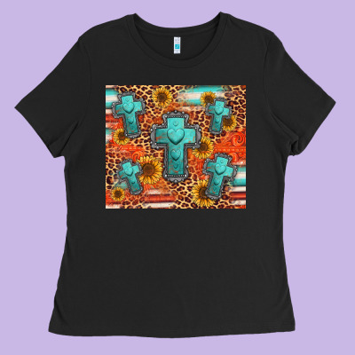 Turquoise Cross Pattern Ladies Tee Designed By Jasminsmagicworld