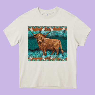 Turquoises Gemstones Cowhide Highland Cow Heavy Core Tee Designed By Barkaloodesign