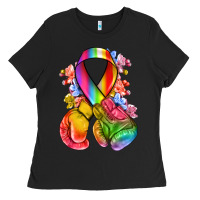 Black all color ribbon with boxing gloves Ladies Tee - NancyCooperArtShop