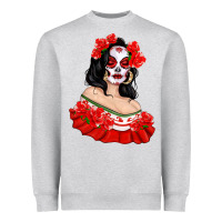 Heather Grey Mexicana Skull Girl with Roses Heavyweight Sweatshirt - texasbilliewilder