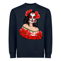 Navy Mexicana Skull Girl with Roses Heavyweight Sweatshirt - texasbilliewilder