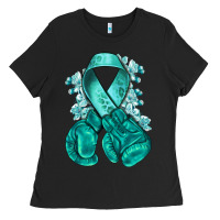 Black teal ribbon with boxing gloves Ladies Tee - NancyCooperArtShop