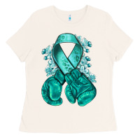 Bone teal ribbon with boxing gloves Ladies Tee - NancyCooperArtShop