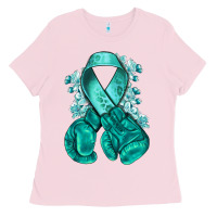 Bubblegum Pink teal ribbon with boxing gloves Ladies Tee - NancyCooperArtShop