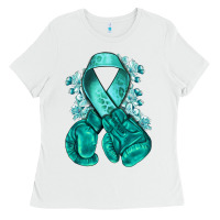 White teal ribbon with boxing gloves Ladies Tee - NancyCooperArtShop