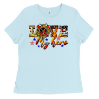 Baby Blue Love My Hero Firefighter Ladies Tee - LillyAllenDesigns