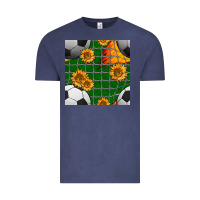 Vintage Denim soccer balls and sunflowers with goal nets seamless pattern Vintage Tee - BundleAndBundleShop