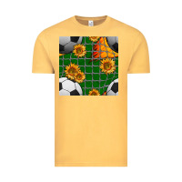 Vintage Mustard soccer balls and sunflowers with goal nets seamless pattern Vintage Tee - BundleAndBundleShop