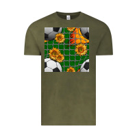 Vintage Olive soccer balls and sunflowers with goal nets seamless pattern Vintage Tee - BundleAndBundleShop
