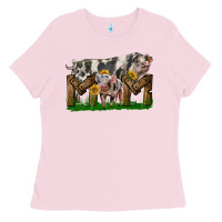 Bubblegum Pink Western Mom With Spotted Pig And Baby Pig Ladies Tee - LillyAllenDesigns