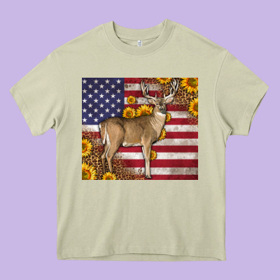 Western American Flag And Deer Heavy Core Tee Designed By Lillyallendesigns
