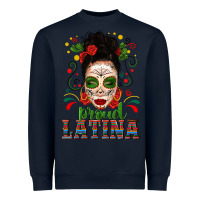 Navy Proud Latina Skull Girl Messy Bun Heavyweight Sweatshirt - texasbilliewilder