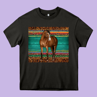 Western Horse Serape  Leather Leopard Heavy Core Tee Designed By Barkaloodesign