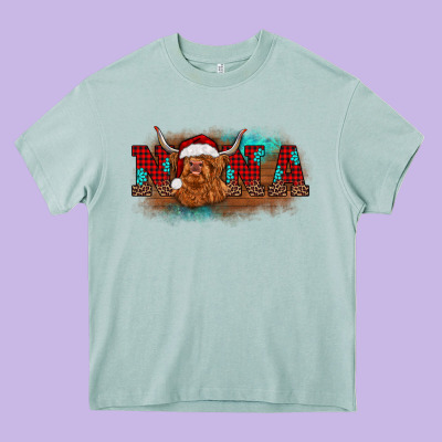 Christmas Nana Highland Cow Heavy Core Tee Designed By Barkaloodesign