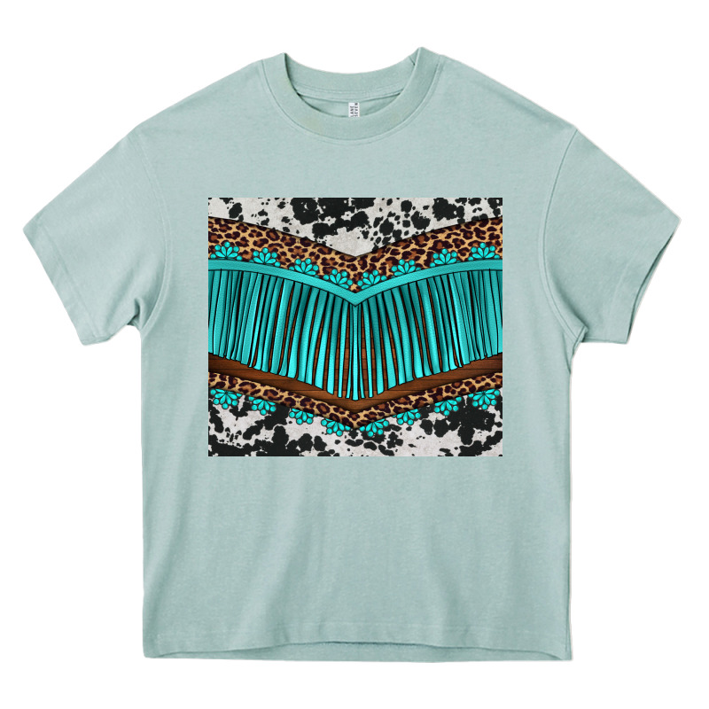 Western Cowhide Leopard Turquoise Fringed Heavy Core Tee by BarkalooDesign | Teevron