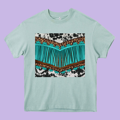 Western Cowhide Leopard Turquoise Fringed Heavy Core Tee Designed By Barkaloodesign