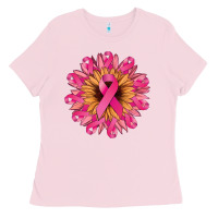 Bubblegum Pink cancer ribbon sunflower Ladies Tee - NancyCooperArtShop