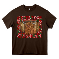 Chocolate Brown Christmas highland cow with candy canes Heavy Core Tee - BarkalooDesign