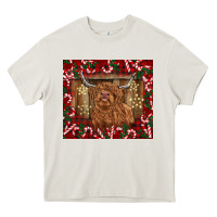 Cream Christmas highland cow with candy canes Heavy Core Tee - BarkalooDesign
