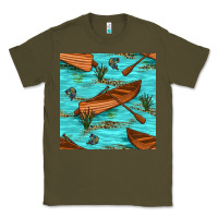 Army Green Lake Canoe And Fish With Reeds And Leopard Seamless Pattern Bbs Classic Tee - BundleAndBundleShop