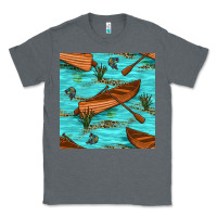 Charcoal Heather Lake Canoe And Fish With Reeds And Leopard Seamless Pattern Bbs Classic Tee - BundleAndBundleShop