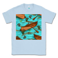 Dusty Blue Lake Canoe And Fish With Reeds And Leopard Seamless Pattern Bbs Classic Tee - BundleAndBundleShop
