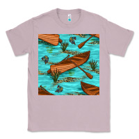 Lilac Lake Canoe And Fish With Reeds And Leopard Seamless Pattern Bbs Classic Tee - BundleAndBundleShop
