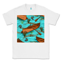 White Lake Canoe And Fish With Reeds And Leopard Seamless Pattern Bbs Classic Tee - BundleAndBundleShop