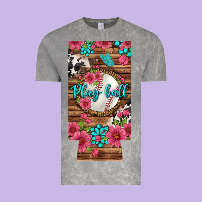 Play Ball Baseball With Pink Flowers 12 Oz Slim Can Cooler Vintage Tee Designed By Bundleandbundleshop
