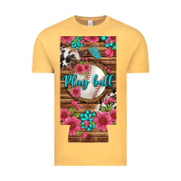 Vintage Mustard Play Ball Baseball With Pink Flowers 12 Oz Slim Can Cooler Vintage Tee - BundleAndBundleShop