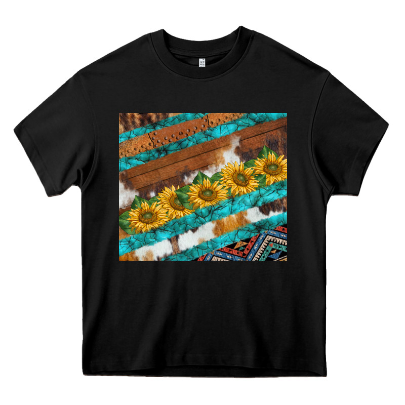 Western Aztec Sunflowers Turquoise Cowhide Heavy Core Tee by BarkalooDesign | Teevron